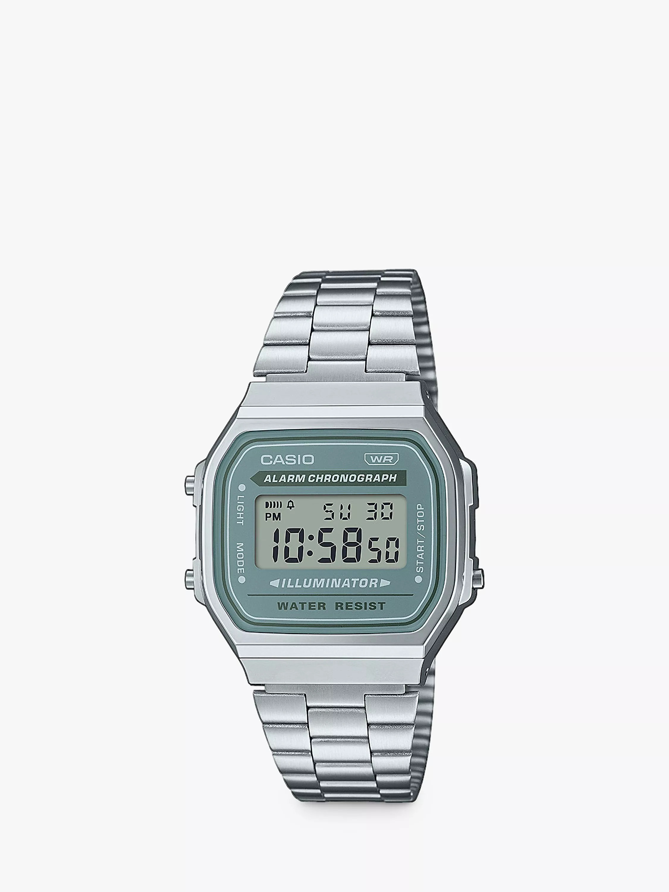 Casio A168WA-3AYES Unisex Vintage Digital Bracelet Strap Watch, Silver/Green | John Lewis (UK)