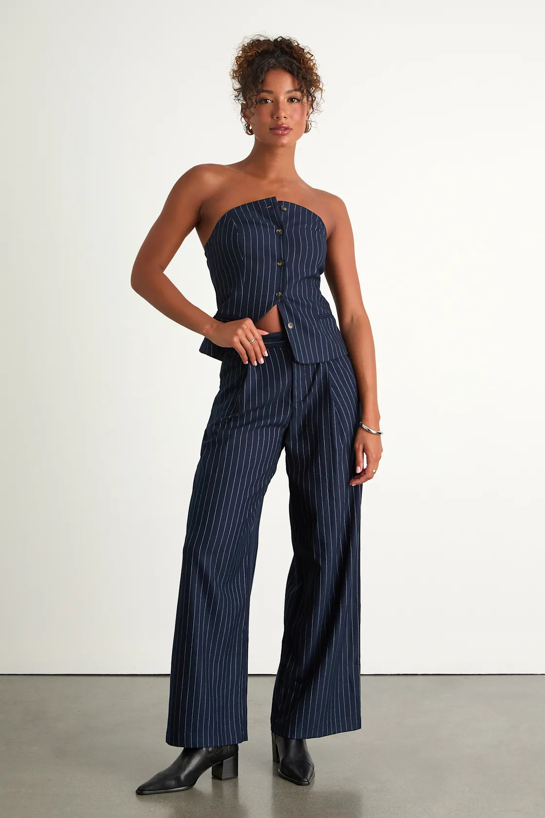 Rashana Navy Pinstriped Wide-Leg Trouser Pants | Lulus