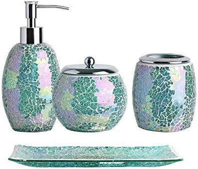 WHOLE HOUSEWARES | 4-Piece Shiny Green Decorative Glass Bathroom Sets Accessories Set | Soap Disp... | Amazon (US)