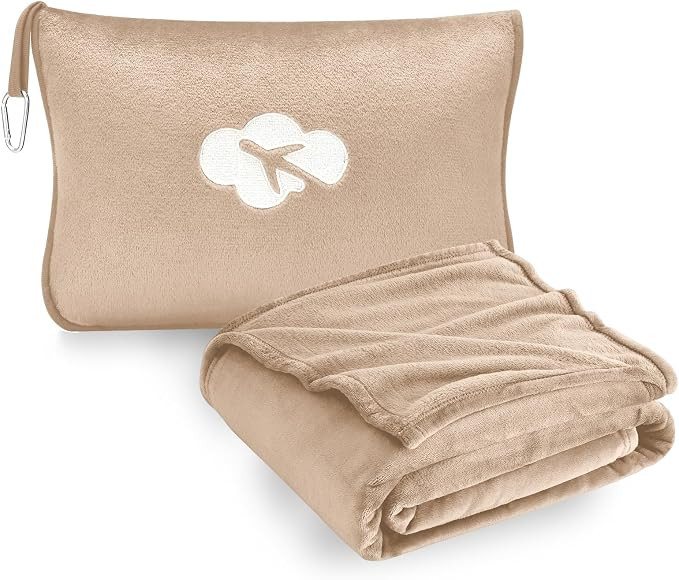 Travel Blanket and Pillow Compact, Premium Soft 2 in 1 Airplane Blanket with Soft Bag Pillowcase... | Amazon (US)
