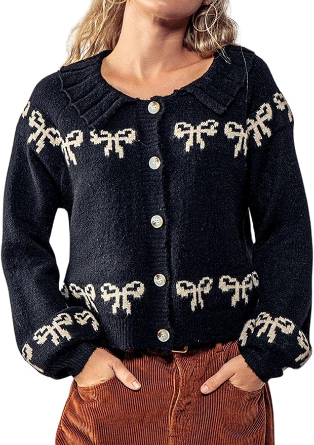 Womens Scalloped Collar Bow Sweater Cardigan Y2K Long Sleeve Embroidered Knitwear Outerwear | Amazon (US)