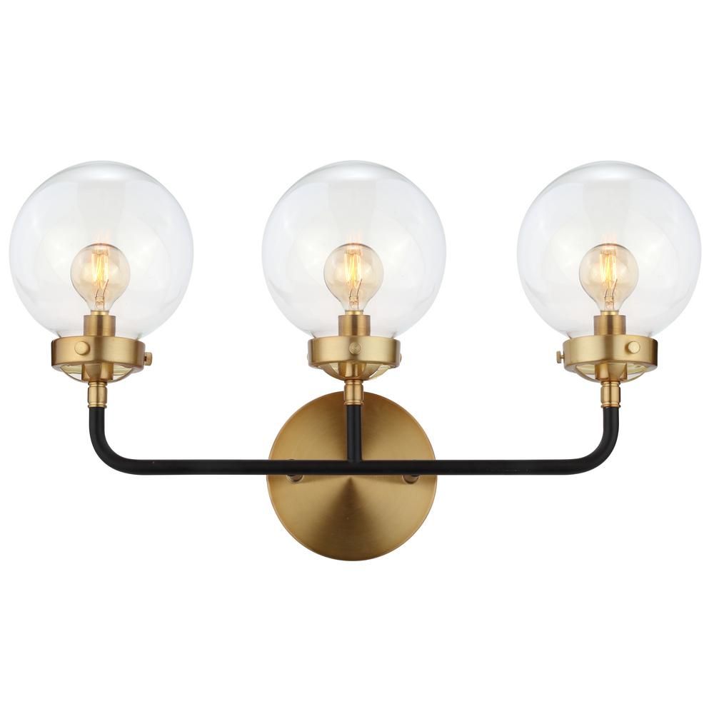 JONATHAN Y Caleb 22 in. 3-Light Black/Brass Wall Sconce | The Home Depot
