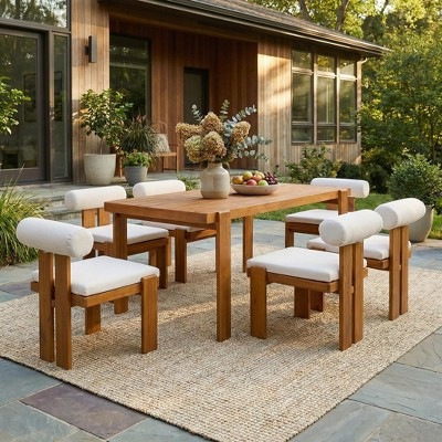 Christopher Knight Home Lucia Modern 7 Piece Patio Acacia Upholstered Dining Set with Round Back and Slatted Table, Teak/Beige | Target