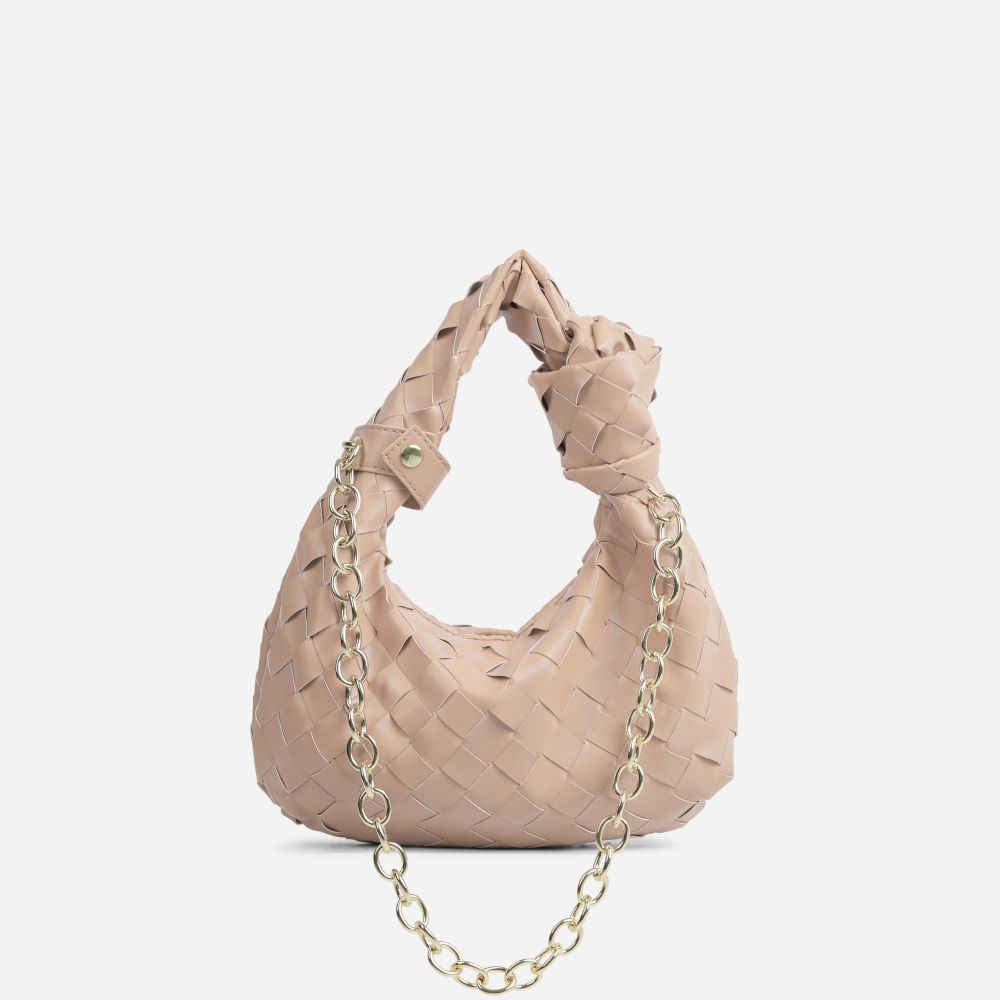 She-Said Woven Knotted Strap Chain Detail Grab Bag Nude Faux Leather | EGO Shoes (US & Canada)