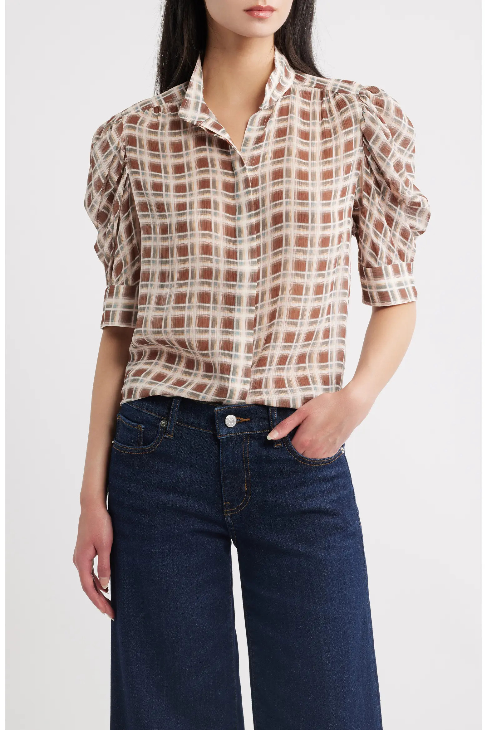 FRAME The Gillian Plaid Puff Sleeve Silk Button-Up Shirt (Women) | Nordstrom | Nordstrom