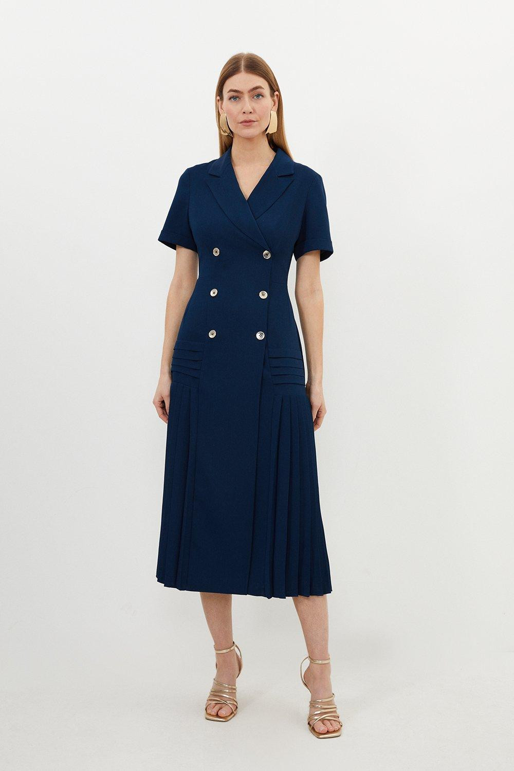 Pleated Button Detailed Woven Midi Dress | Karen Millen UK + IE + DE + NL