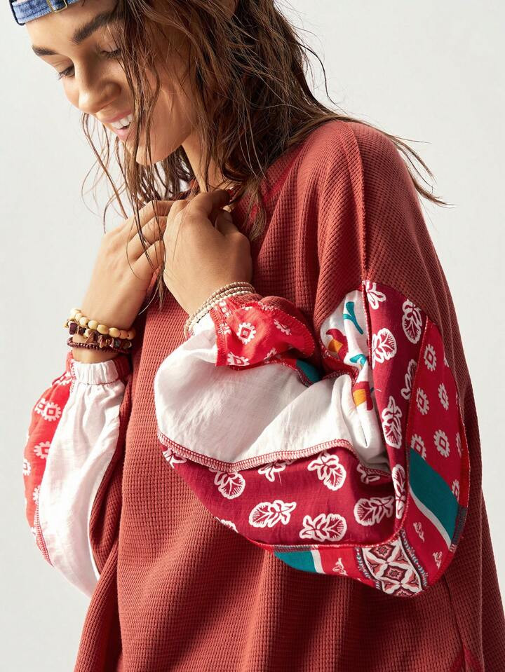 SHEIN BohoFeels Women's Round Neck Long Sleeve Vacation Graphic Loose Casual T-Shirt, Fall | SHEIN