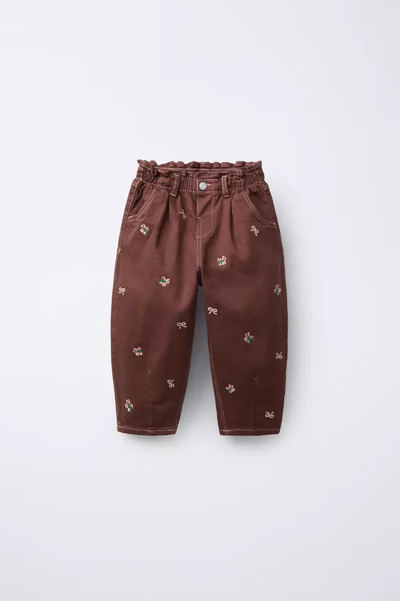 EMBROIDERED FLORAL TWILL BAGGY PANTS | Zara US