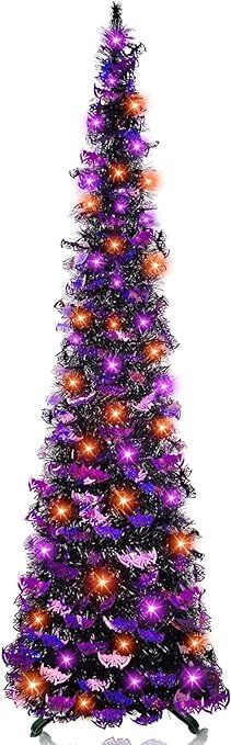 6 Ft 60 LED Tinsel Halloween Tree Decor with Orange & Purple Lights Timer Black Tinsel Christmas ... | Amazon (US)