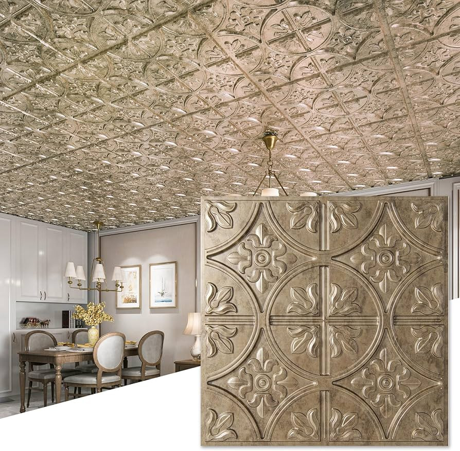 Art3d Drop Ceiling Tiles 2x2, Glue-up Ceiling Panel, Fancy Classic Style, Antique Gold | Amazon (US)