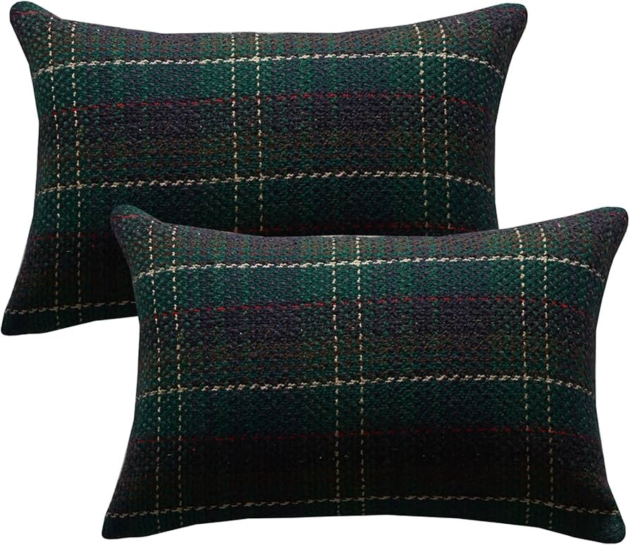 Green Plaid Pillow Covers 12x20 inch Set of 2 Knitting Tartan Pillow Cases Winter Xmas Farmhouse ... | Amazon (US)