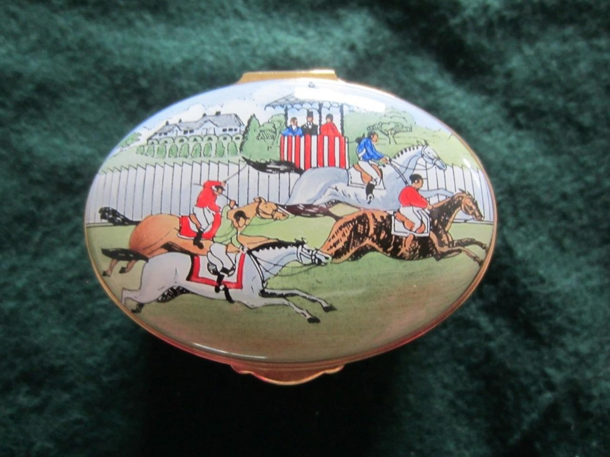 Staffordshire Enamels At the Horse Race Trinket Box Oval 2¼"L ENGLAND Gold Trim | eBay US