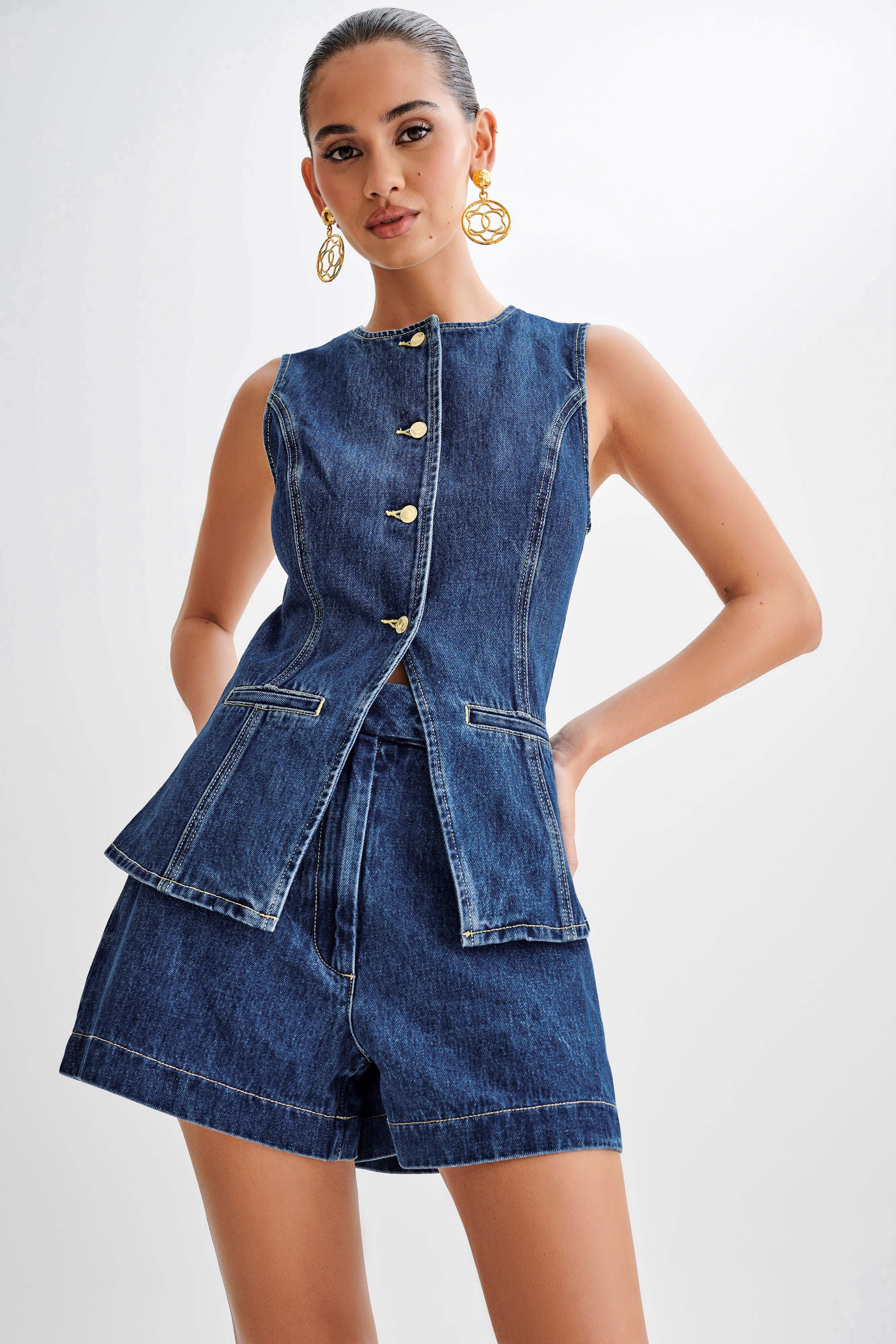 Abel Denim Button Up Top - Dark Blue | MESHKI US