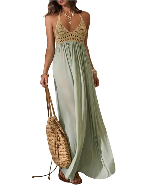 OYOANGLE Women's Boho Halter See Through Flowy Vacation Beach Crochet Dress | Amazon (US)