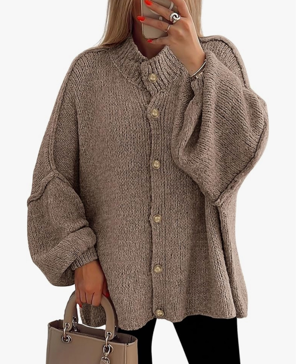 soft cozy oversized cardigan with gold button and flattering balloon sleeves. it’s an oversized fit so great for curvy girls like myself too 

Note: I’m wearing an xl in my tiktok video 

#LTKGiftGuide #LTKPlusSize #LTKSeasonal