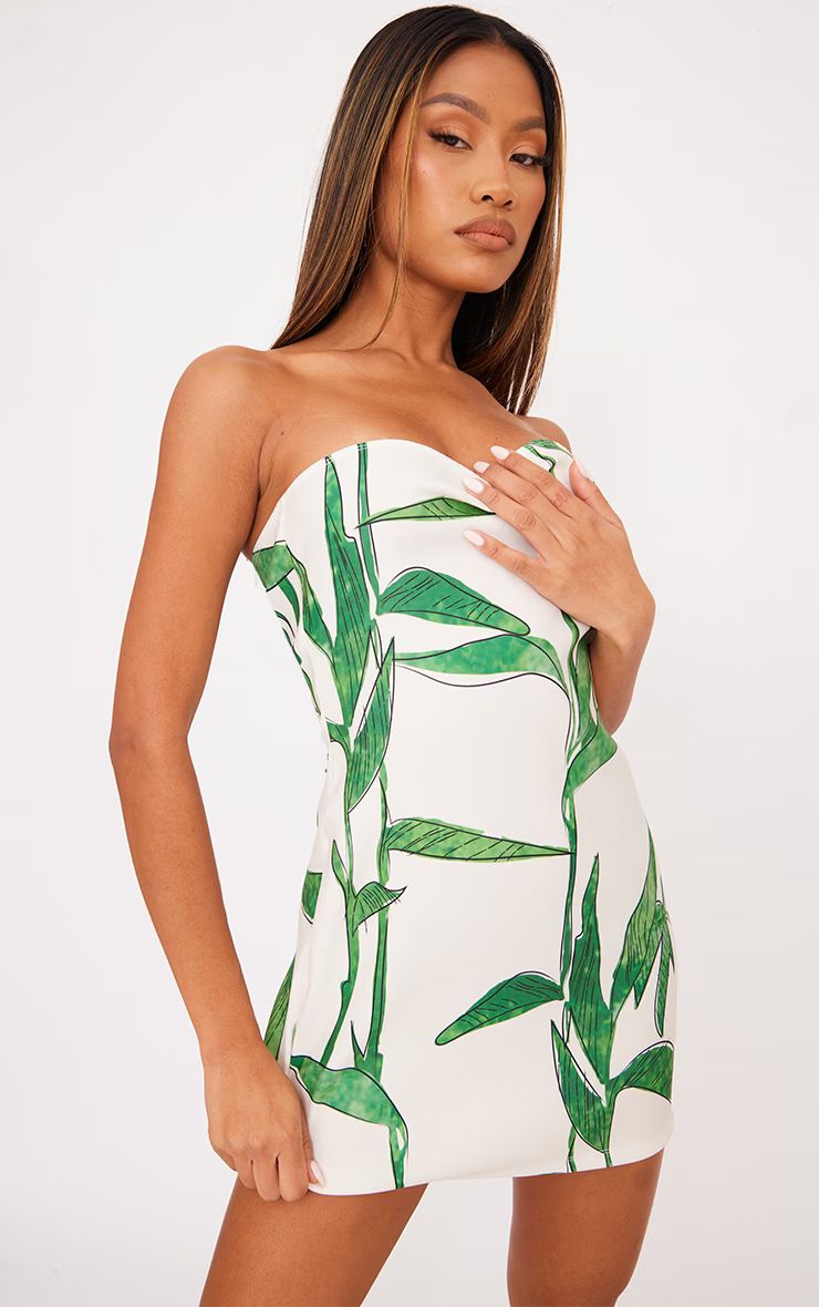 Green Leaf Print Bandeau Bodycon Dress | PrettyLittleThing US