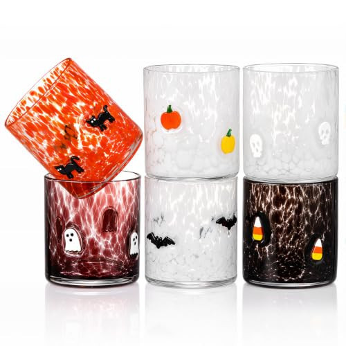 Reallnaive 6 Pcs Halloween Icon Juice Glasses Ghost Pumpkin Skull Bat Cat 14oz Icon Juice Glass Double Old Fashioned Hand Blown Drinking Cups Gifts for Halloween Party Supplies | Amazon (US)