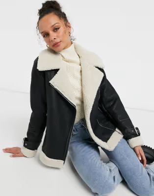 New Look faux fur lined contrast aviator jacket in black | ASOS (Global)