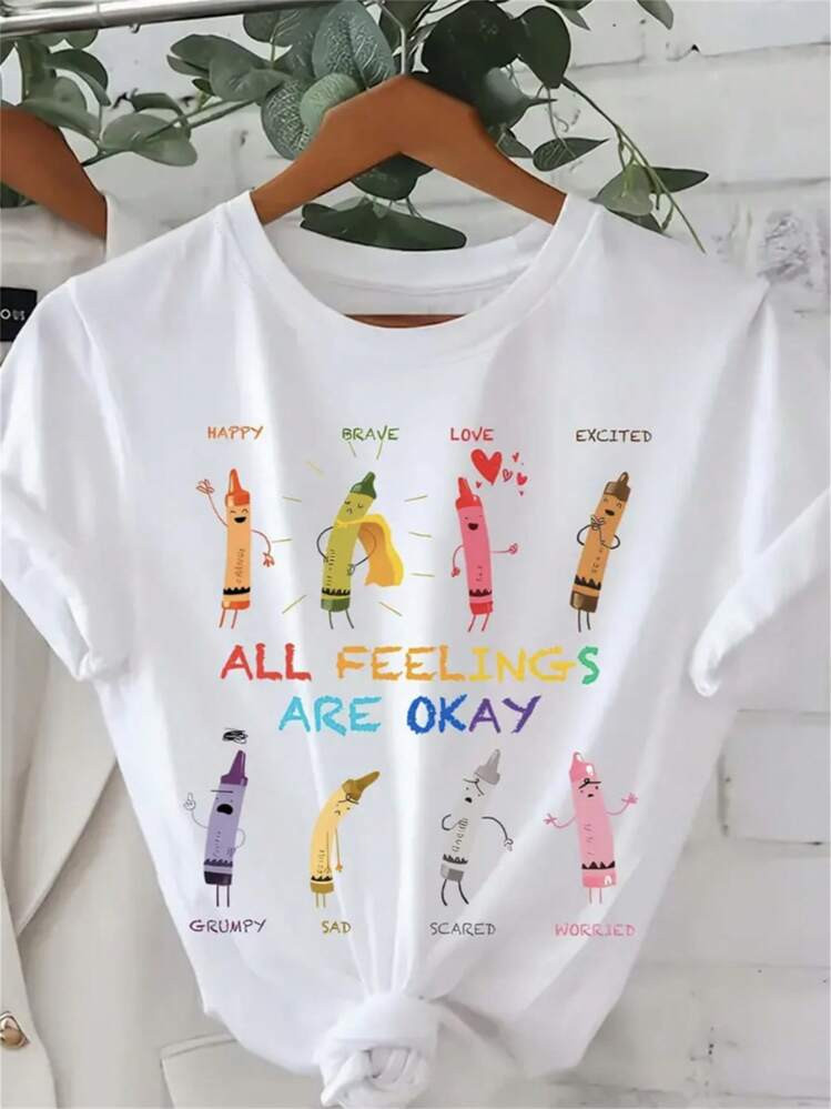 Vibrant Crayon Back To School Letter Print Tee - Casual Short Sleeve Crew Neck Top For Women, Perfect For Summer And Spring, Relaxed Fit, Soft Fabric, Easy Care | SHEIN