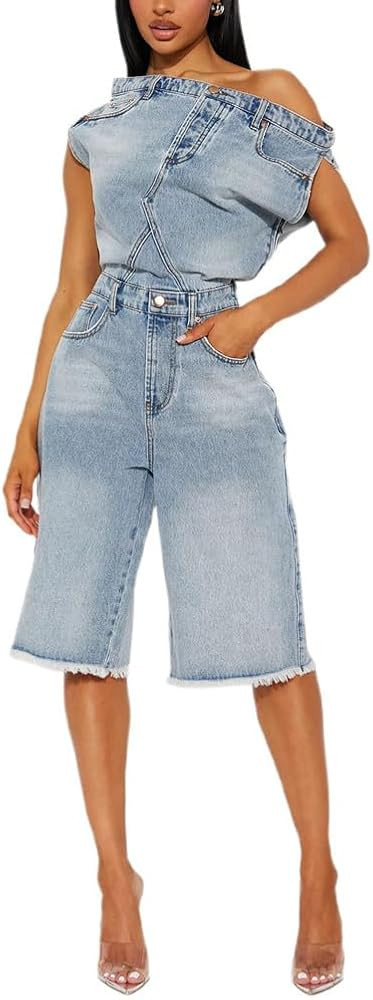 Summer Denim Jumpsuits for Women Washed Off Shoulder Neck Knee Length Wide Leg Jeans Jumpsuit Cas... | Amazon (US)