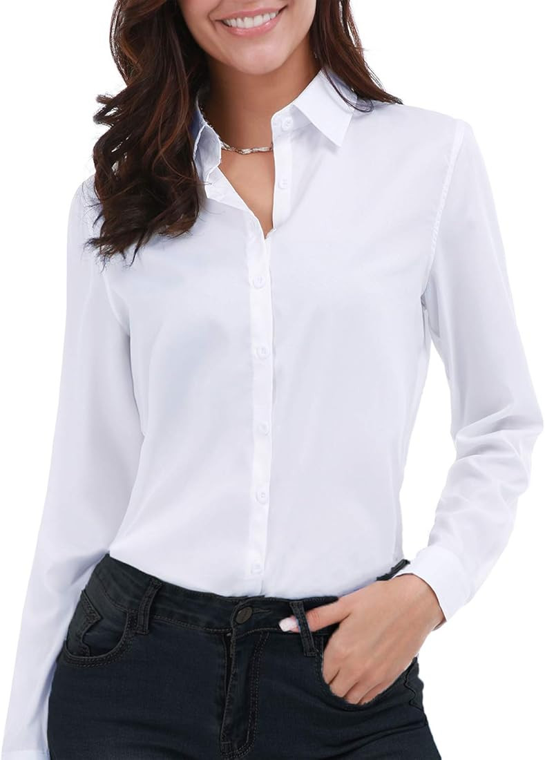 Gemolly Women's Basic Button Down Shirts Long Sleeve Plus Size Simple Stretch Formal Casual Shirt Bl | Amazon (US)
