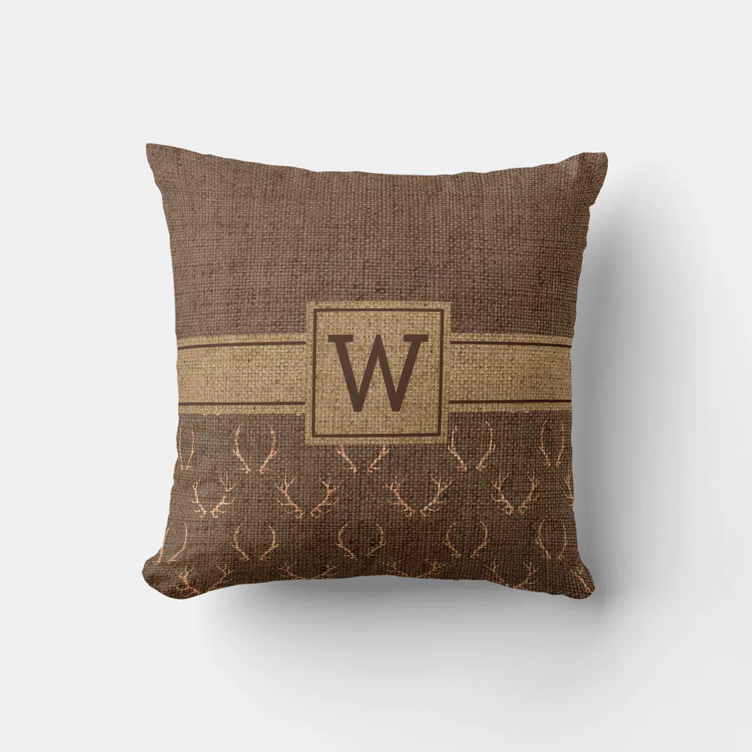 Rustic Burlap Deer Antlers Pattern Monogram Throw Pillow | Zazzle | Zazzle