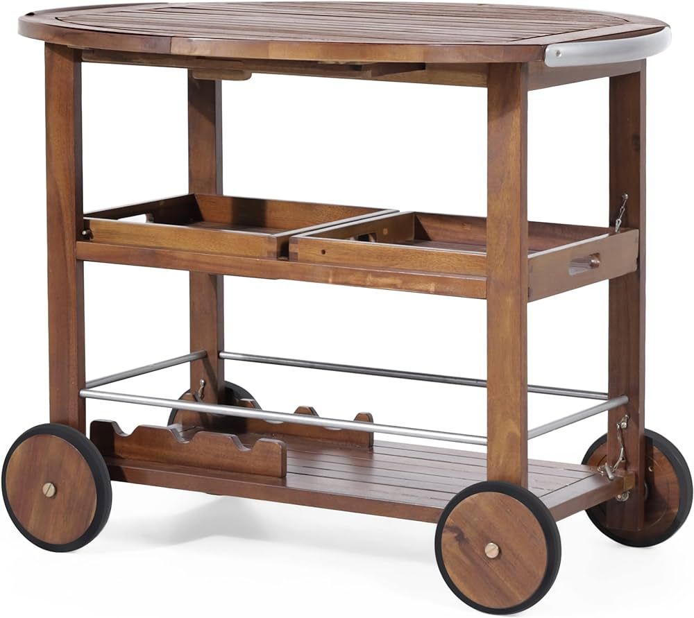 Christopher Knight Home Tillary Tiller Outdoor Acacia Wood Bar Cart Aluminum Accents, Dark Oak/Sh... | Amazon (US)