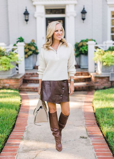 I love mixing shades of neutrals for fall! I’ve shared my favorites from Nordstrom on www.aliciawoodlifestyle.com 
Cream quarter zip sweater
Faux leather skirt
Veronica Beard skirt 
Tall brown boots 
#nordstrom 

#LTKstyletip #LTKSeasonal
