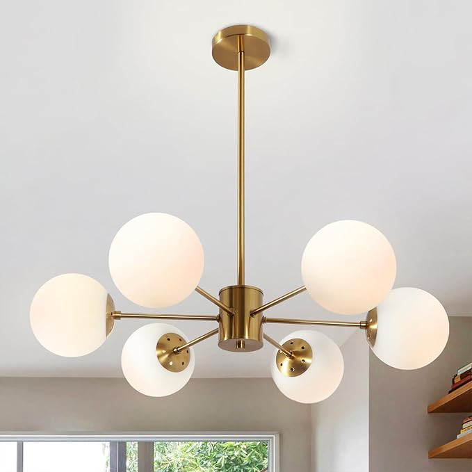Chandelier, 6 lights mid century modern gold chandelier for dining room, kitchen, living room, bu... | Amazon (US)