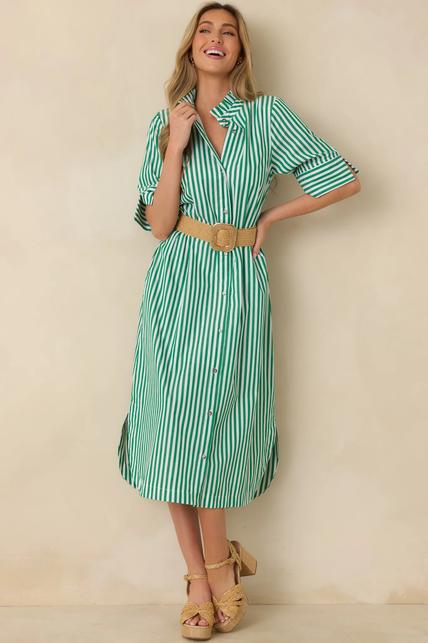 In Perfect Order Green Stripe Button Front Ruffle Collar Midi Shirt Dress | Red Dress