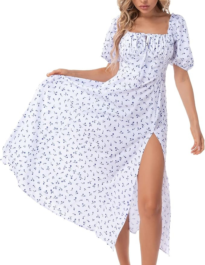 Boho Dress for Women Cottagecore Dress Maxi Dress Summer Wrap Floral Casual Vintage Square Neck R... | Amazon (US)