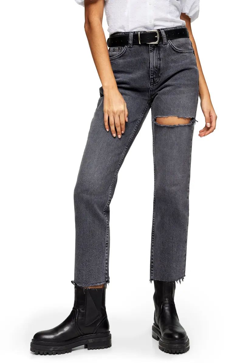 TOPSHOP NY Thigh Rip Raw Hem Straight Leg Jeans, Main, color, SMOKE GREY | Nordstrom
