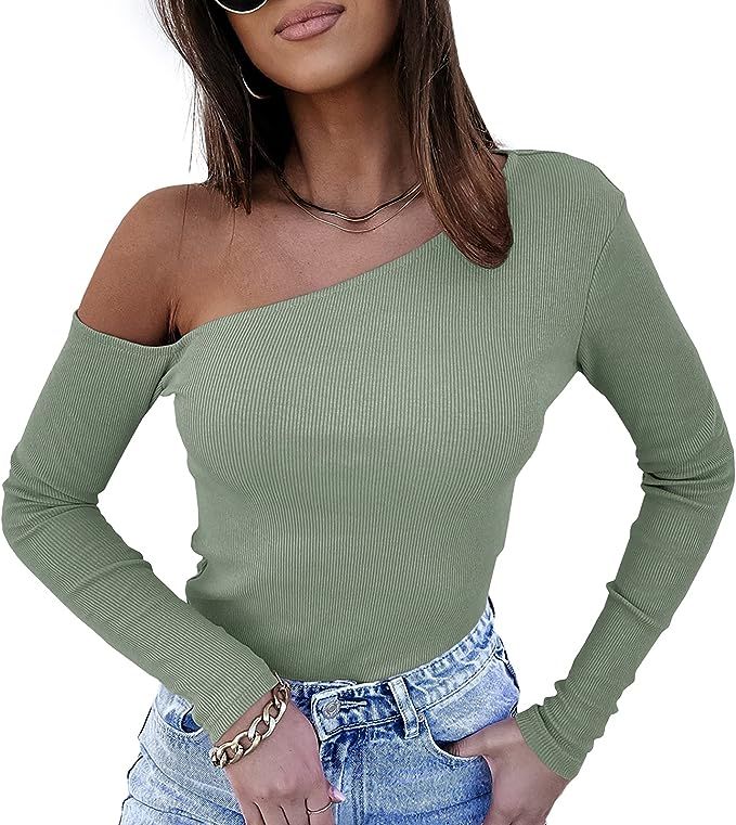 YOBECHO Women's Sexy Off Shoulder Long Sleeve Shirts Ribbed Knit Tops Slim Blouse | Amazon (US)