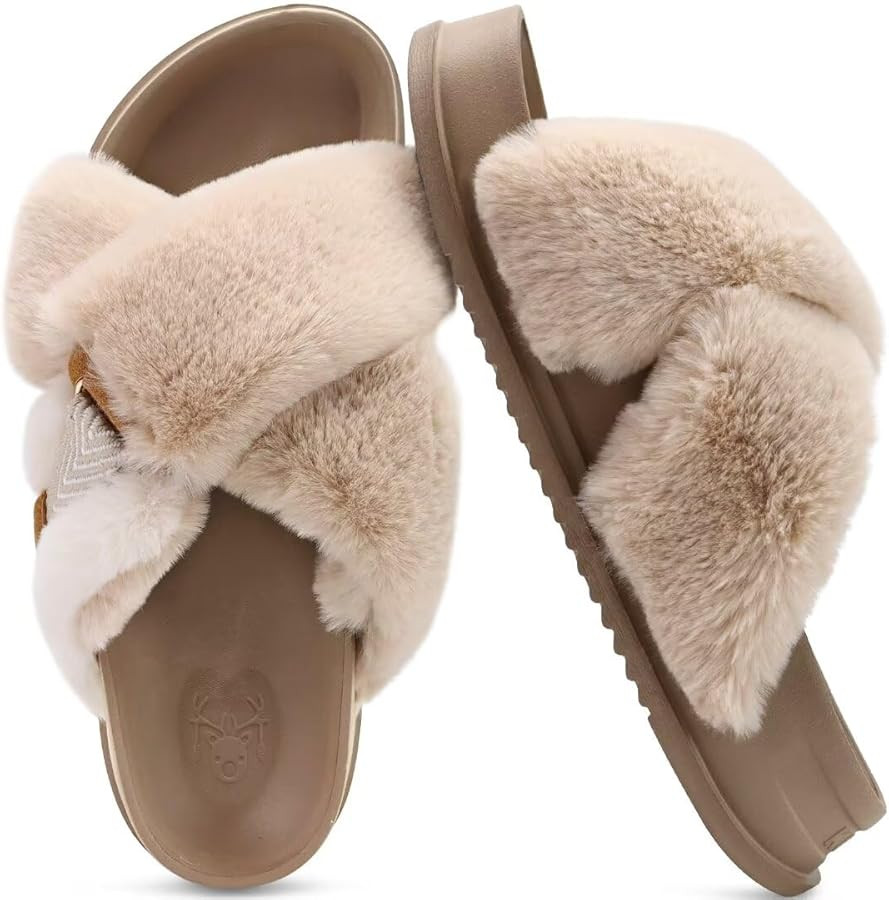 KuaiLu Women's Fuzzy Cross Band Platform Slippers Comfortable Faux Fur Open Toe Arch Support Slid... | Amazon (US)
