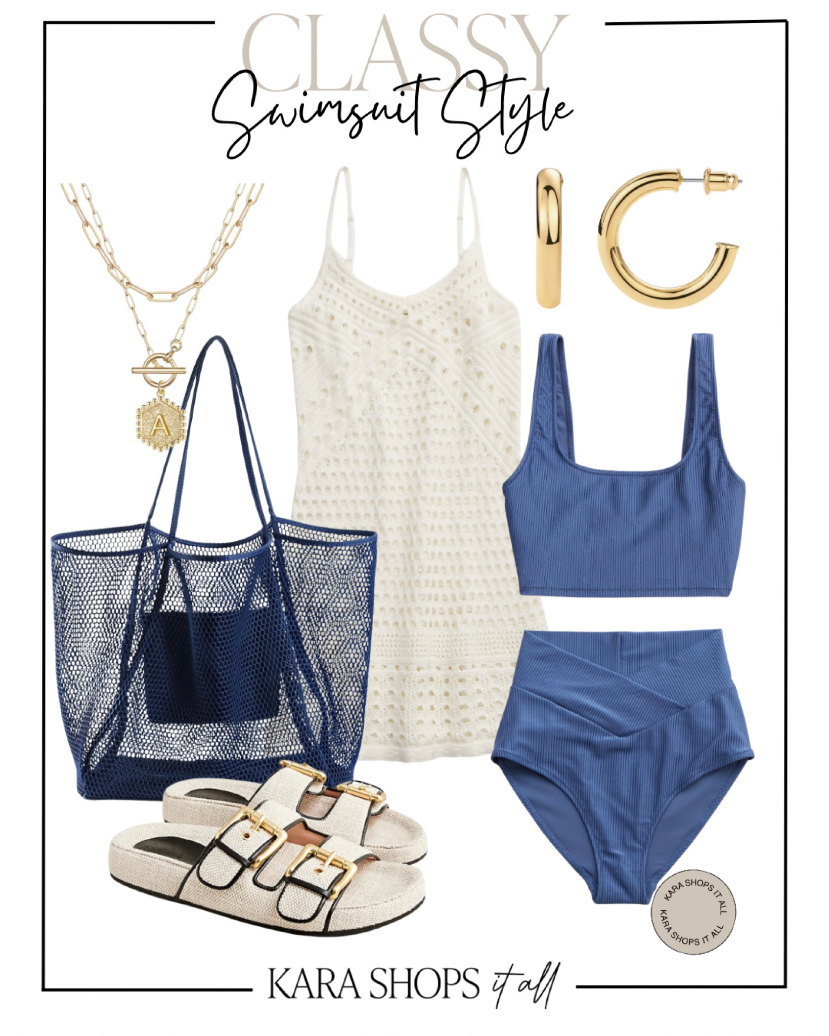 Classy swimsuit style! Gold and navy swimsuit outfit! Gold jewelry, navy swimsuit, cream coverup, navy and cream sandals, and more! 
#Swimsuit #Vacationoutfit

#LTKstyletip #LTKSeasonal #LTKsalealert