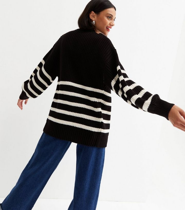 Black Stripe Knit Puff Sleeve Cardigan | New Look | New Look (UK)