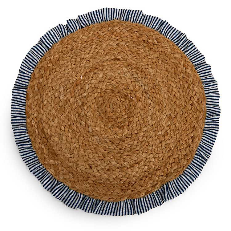 New! Navy Stripe Ruffle Trim Jute Placemat | Kirklands