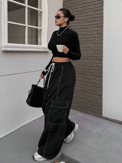 POPSWAY Waterproof Woven Elastic Waistband Contrast Trim Pocket Plus Size Cargo Pants SKU: sz2407... | SHEIN