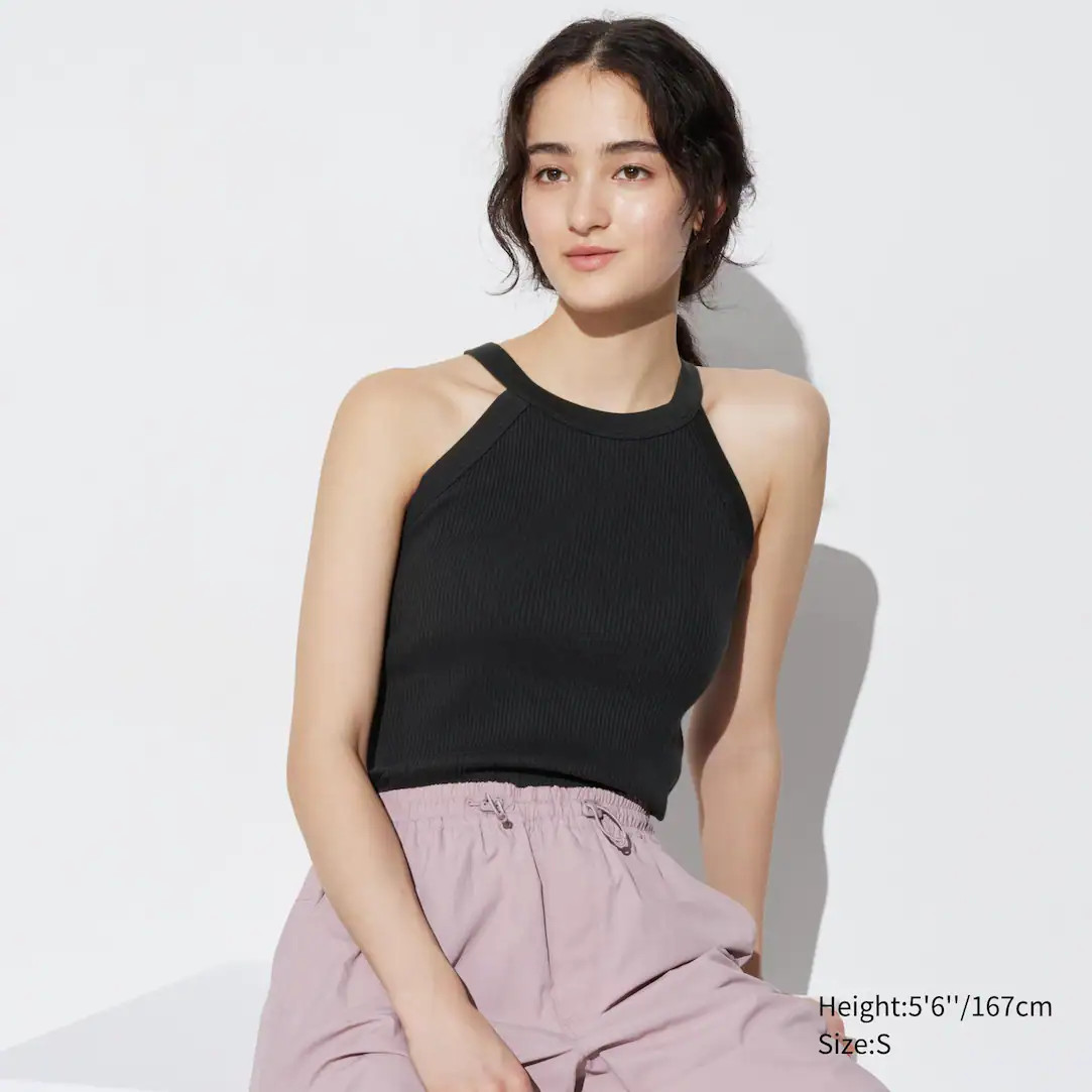 T-Shirt Court Côtelé Soutien-Gorge Intégré Col Haut Sans Manches | Uniqlo FR