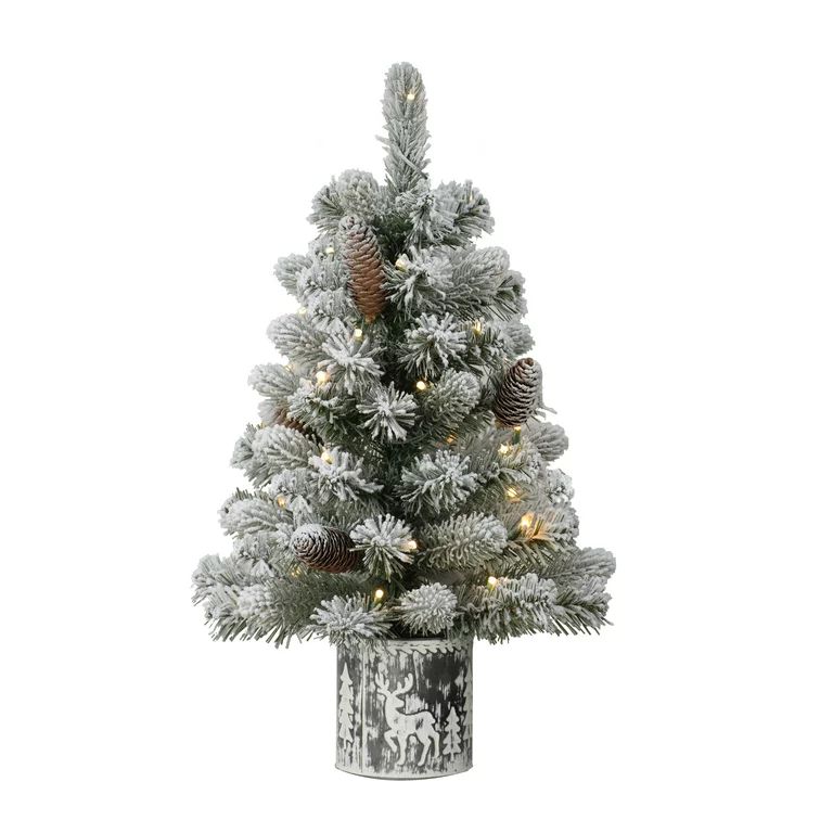 Pre-Lit 2' Flocked Table Top Artificial Christmas Tree in Metal Pot, Green - Walmart.com | Walmart (US)