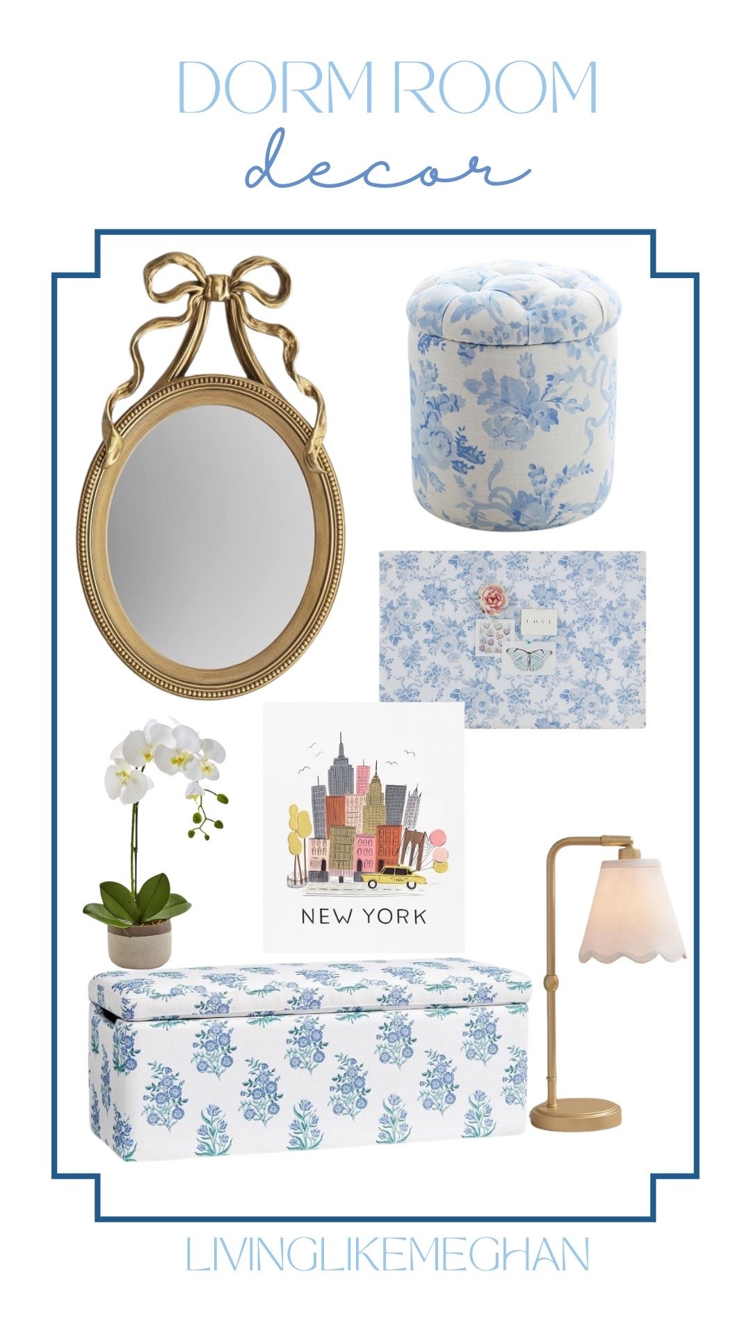 Charming, functional accents designed to maximize style and storage in small spaces. Features brass details, traditional prints, and versatile seating! 💙🤍🩵

Key Features
 Gold bow oval wall mirror
 Blue floral tufted storage ottoman
 Blue toile fabric pinboard
 Faux orchid in ceramic pot
 New York City watercolor art print
 Brass desk lamp with scalloped shade
 Blue floral block-print storage bench


dorm decor, grandmillennial decor, bow mirror, blue and white storage bench, scalloped lamp, dorm storage ottoman, wall art print

#LTKSeasonal #LTKSaleAlert #LTKootd