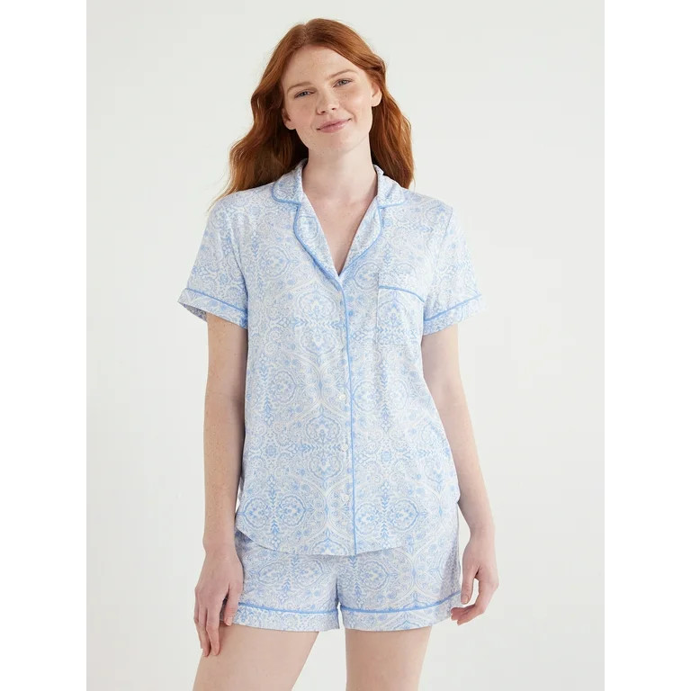 Joyspun Women's Knit Notch Collar Top and Shorts Pajama Set, 2-Piece, Sizes S to 3X | Walmart (US)