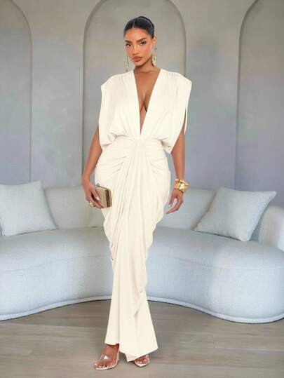 Deep V Neck Ruched Evening Dress | SHEIN USA | SHEIN