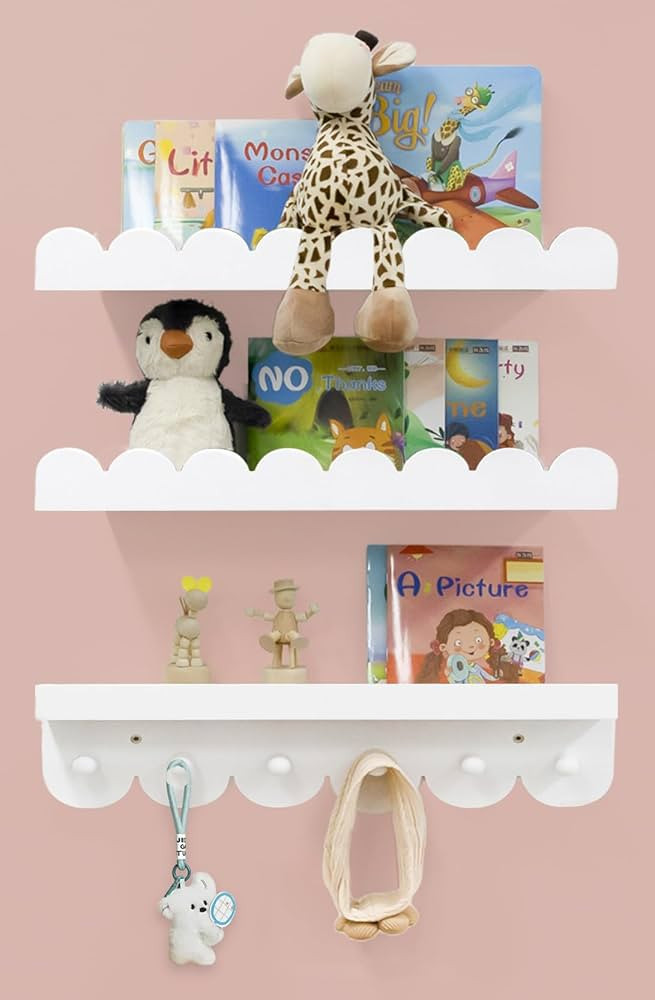 Wall Book Shelves for Bedroom Kids with Hooks - Scalloped Shelves for Nursery Set of 3, Nursery B... | Amazon (US)