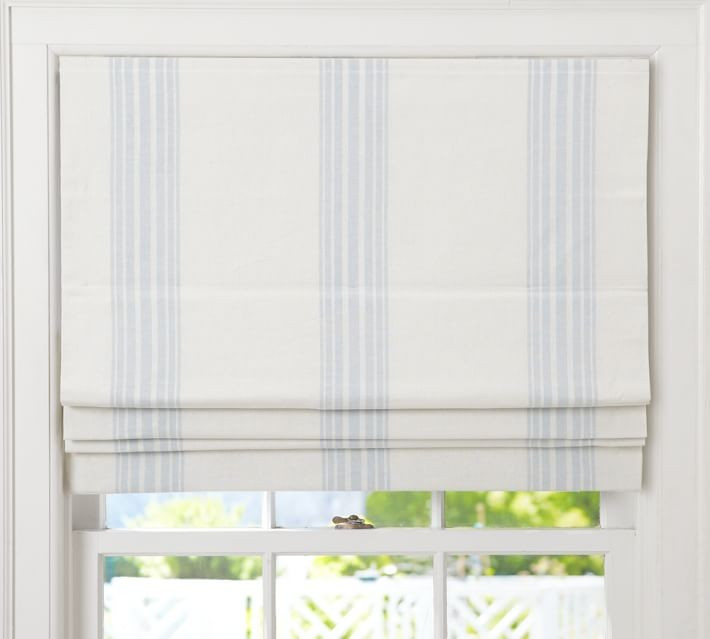 Riviera Striped Linen/Cotton Cordless Roman Shade, 26 x 64", Porcelain Blue | Pottery Barn (US)
