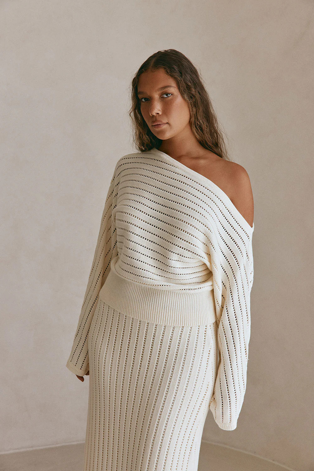 Cream Cotton Pintelle Long Sleeve One Shoulder Zephyr Top | Sabo Skirt US