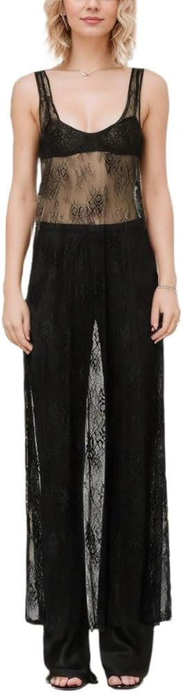 LOFAAC Women Sexy See Through Lace Sheer Maxi Dress Slim Sleeveless Backless Floral Lace Vacation... | Amazon (US)