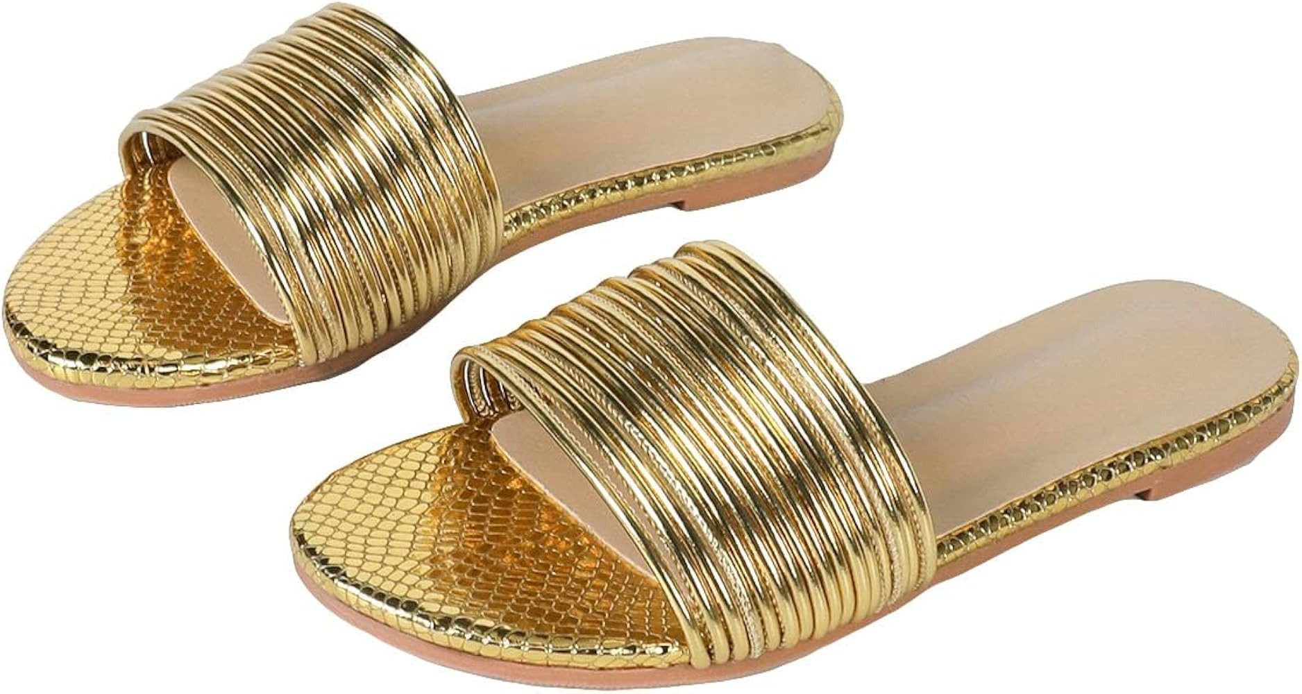 GORGLITTER Women's Summer Metallic Flats Sandal Dressy Cute Open Toe Slipper Slip on Slide Beach ... | Amazon (US)
