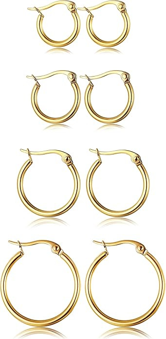ORAZIO 4 Pairs Stainless Steel Hoop Earrings Set Cute Huggie Earrings for Women,10MM-20MM | Amazon (US)