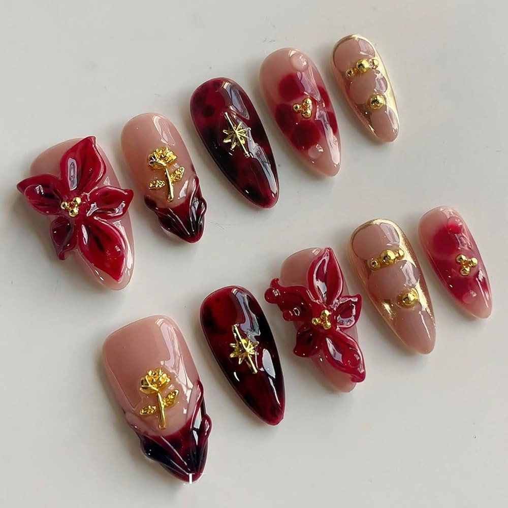Luxury Press on Nails Medium Almond Handmade 3D Unique Reusable ABS Material Fake Nails French Ti... | Amazon (US)